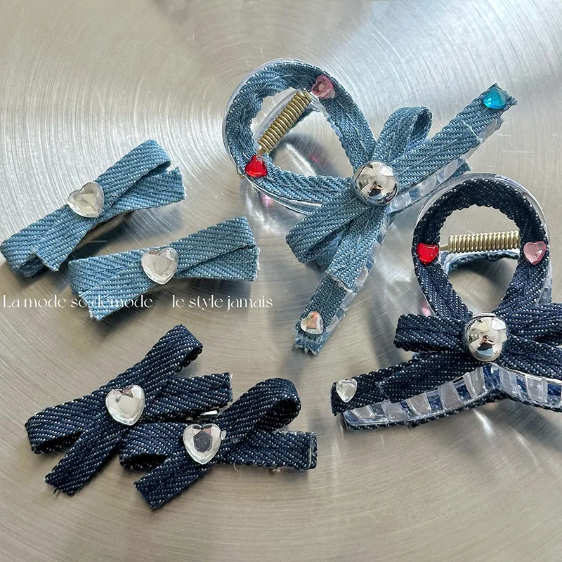 

New y2k Denim Fabric Hair Clip Claws Bow Crystal Heart Geometric Barrettes Hairpin Girls Women Accessories Headwear Side Pins