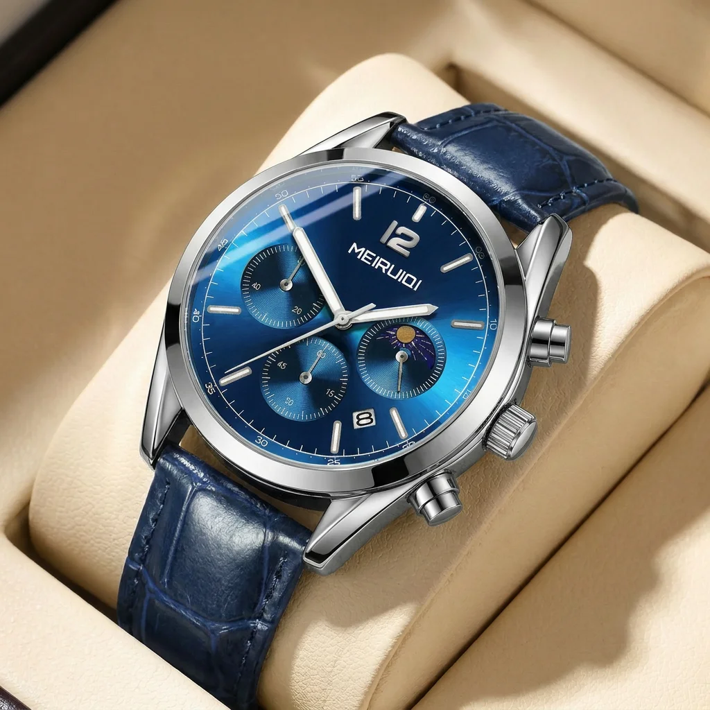 1 Stück Herren-Armbanduhr mit blauem Zifferblatt und Lederarmband, Vintage-Stil, modischer Chronograph, Business-Details, Quarzuhr für Geschäftsfeiern, Feiertage