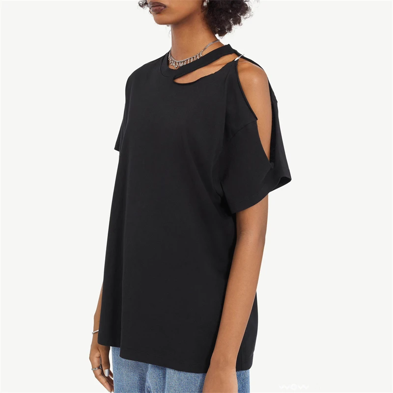 2024 new summer women's round neck ripped hollow short-sleeved T-shirt y2k high quality fashion casual pure cotton casual top