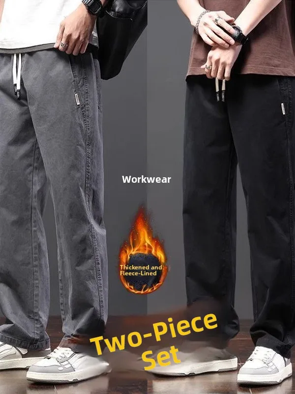 

Мужские прямые рабочие брюки с подкладкой Thiened Fce, зимние износостойкие грязезащитные повседневные уличные строительные брюки