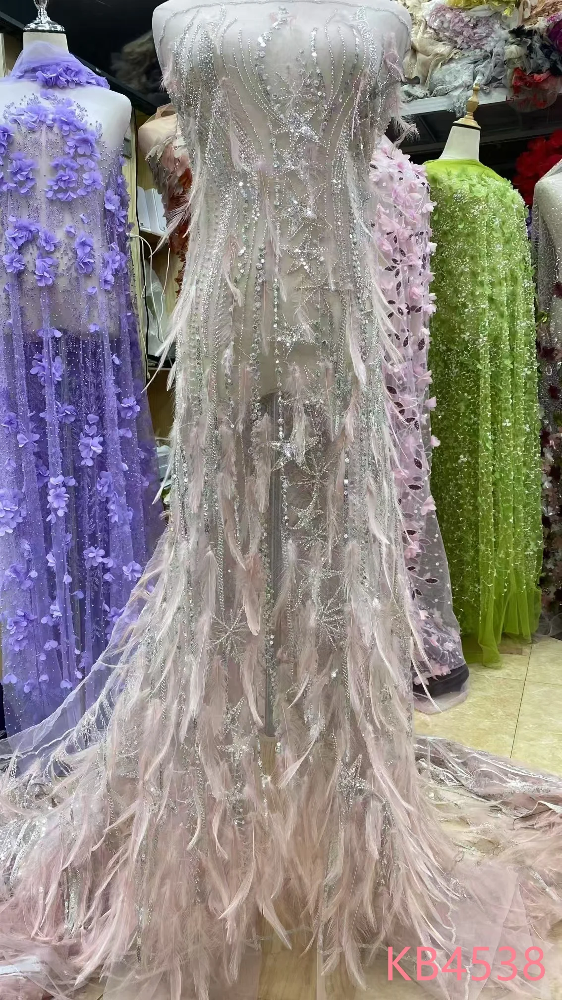 Red Beads Lace Fabric With Feathers 2025 High Quality Sequins Tulle Lace Feathers French Mesh For Wedding Party Sewing KB4538