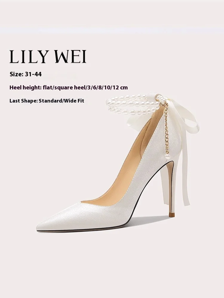 Flat thin high-heeled wedding shoes spring silk pearl ribbon bow banquet large size small size waterproof platform women's shoes