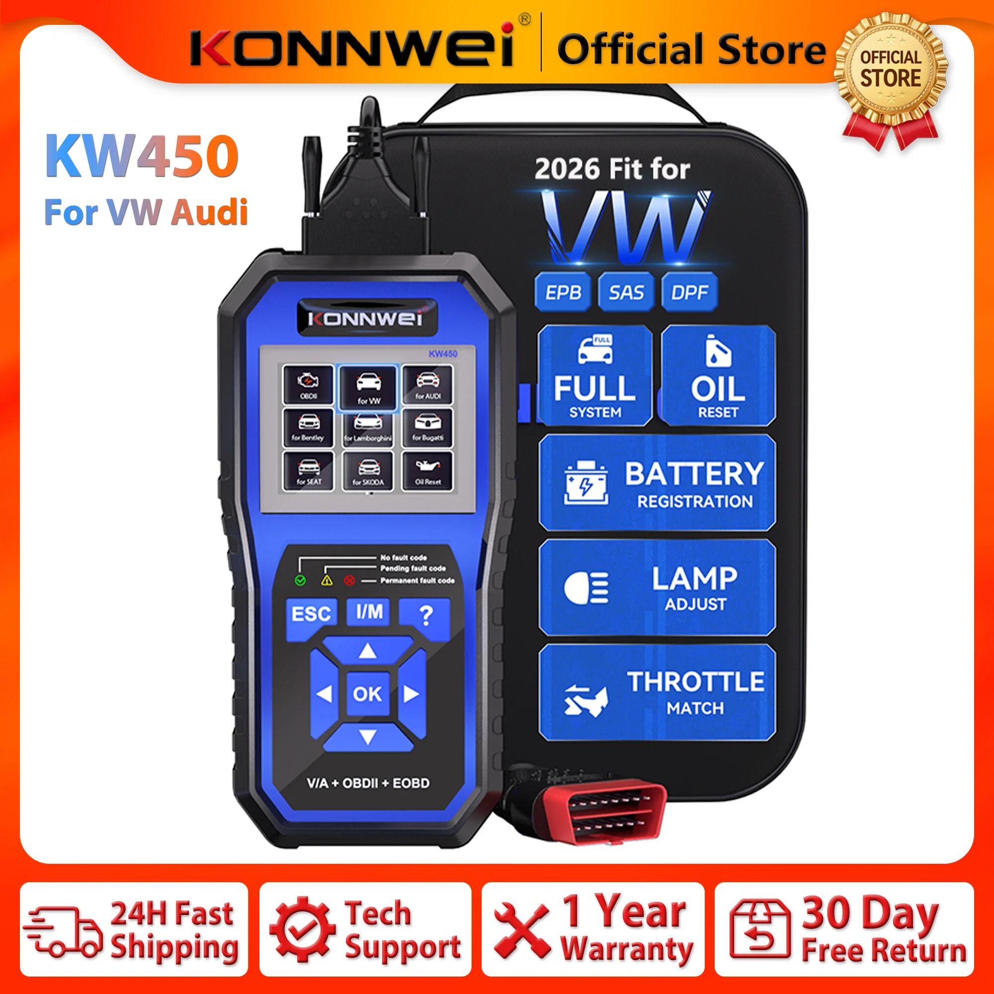 KONNWEI KW450 Full System Auto Scanner High-end Car OBD2 for VW Audi Support ABS ESP SRS TPMS Oil Service Reset Diagnosis Tool