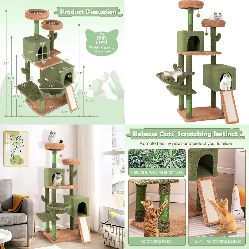 

Домик-дерево для кошек 63 с сизалевыми стойками, лестницей, игрушками-мячами, домиками-когтеподборами и боковой корзиной для домашних кошек