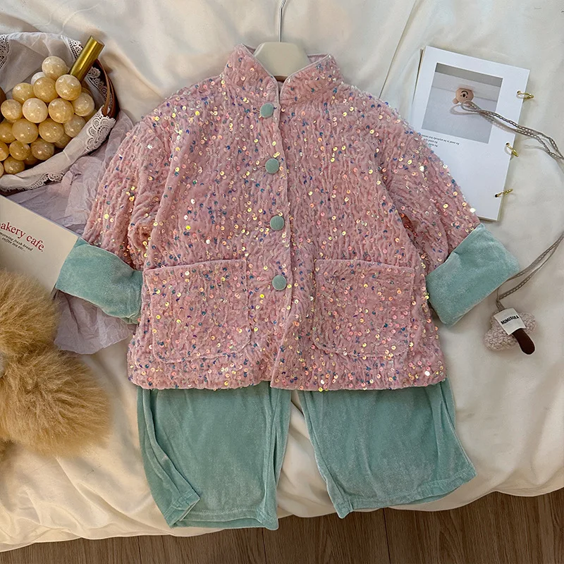 

Coats Childrens Clothing Loose 2024 Autumn New Children Sweet Velvet Glitter Loose Coat Girl Stand Collar Fashion Sweet