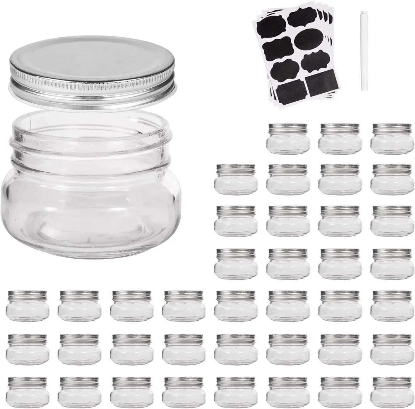 

Мини-баночки, стеклянные банки 5 унций с крышками (серебристые, идеально подходят для джема, меда, свадебных подарков, подарков на вечеринку, 40 штук в упаковке)