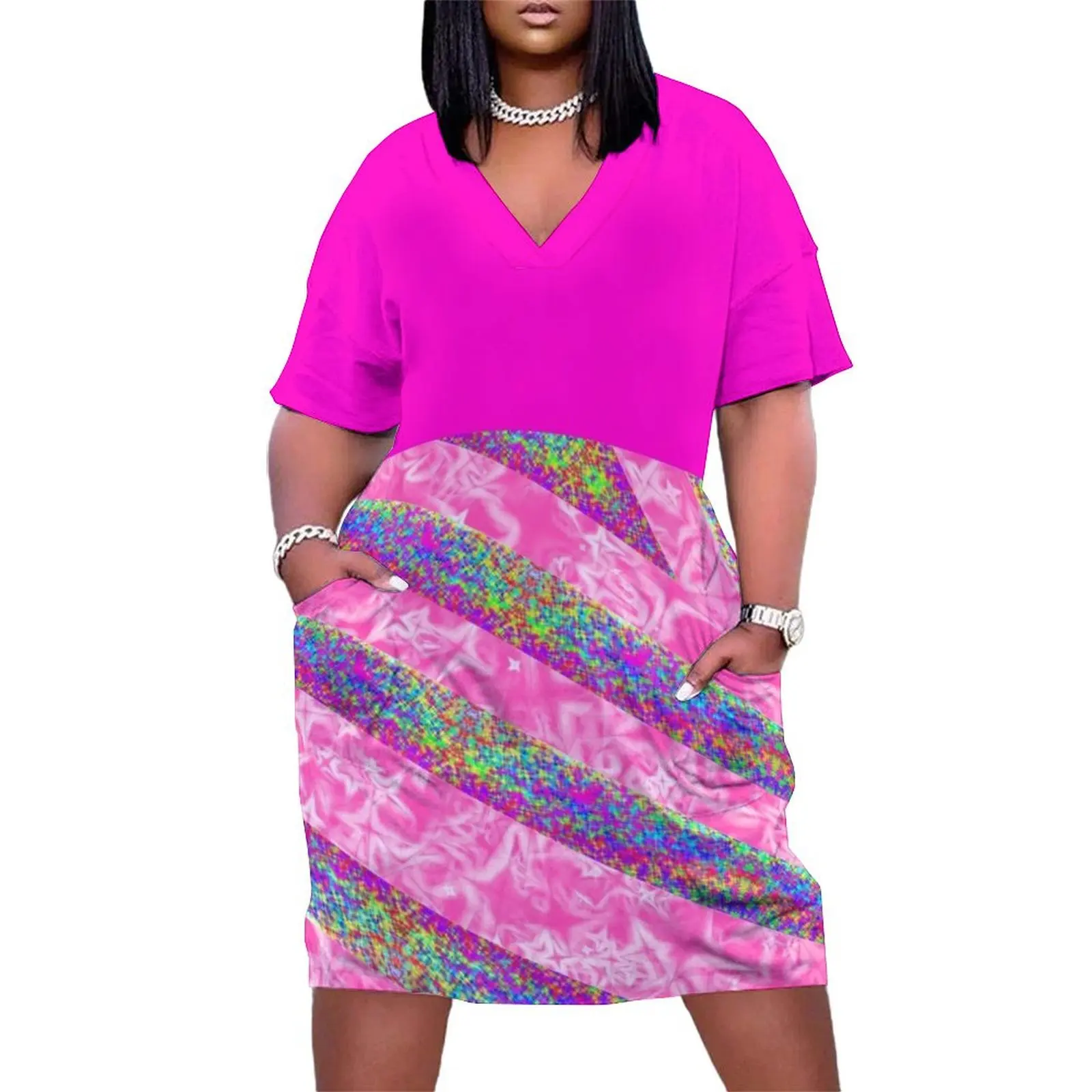 

pink holographique Loose Pocket Dress dresses korean style Women long dress dress women summer 2025
