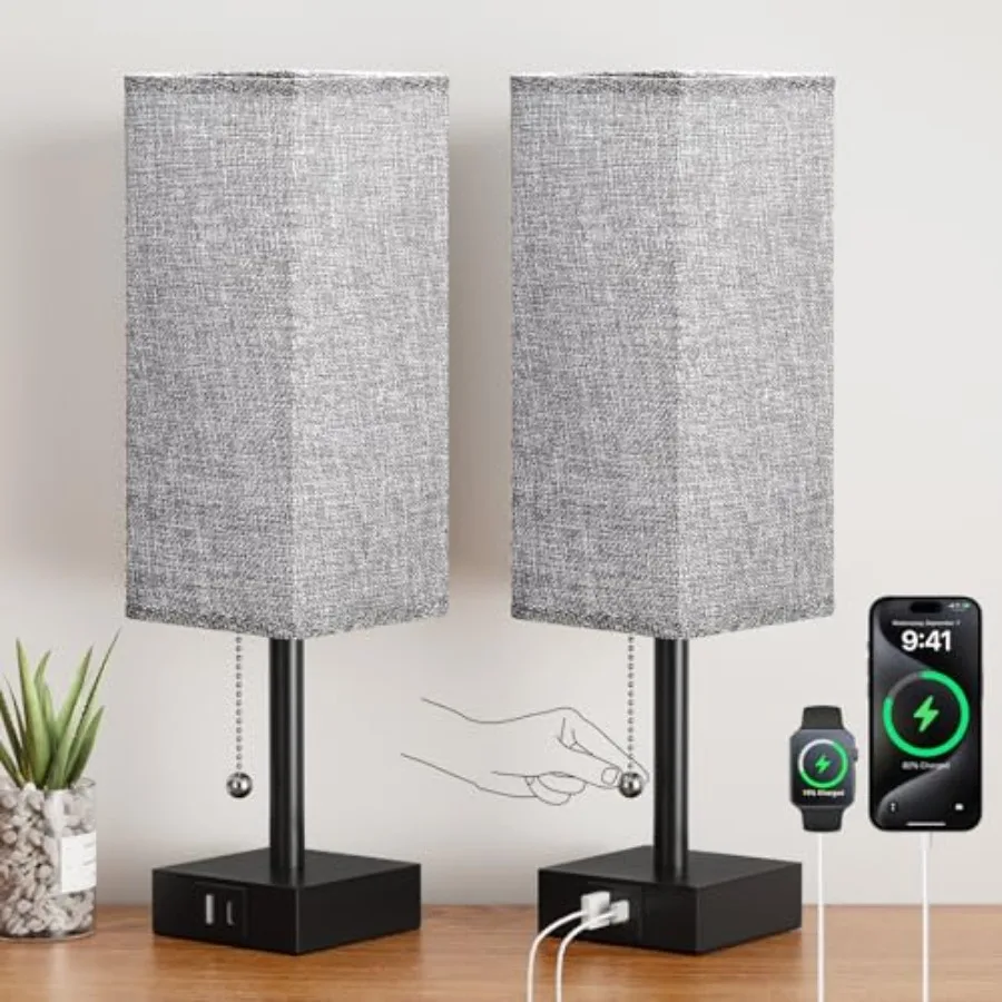 

Bedside Table Lamps Set of 2 - Gray Bedroom Lamps with 3 Color Temperatures 3000K/5000K/4000K,Square Nightstand Light with USB
