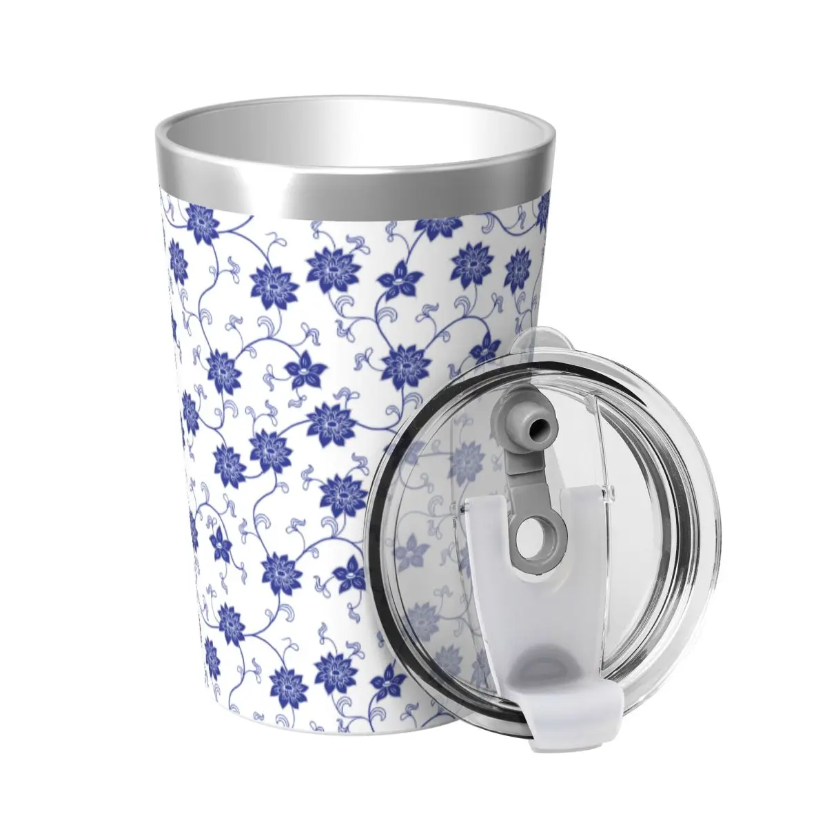 Blue and White Porcelain Chinoiserie Cup with Straw Thermos Bottle Coffee Travel Mug Vacuum Flask Stainless Stee