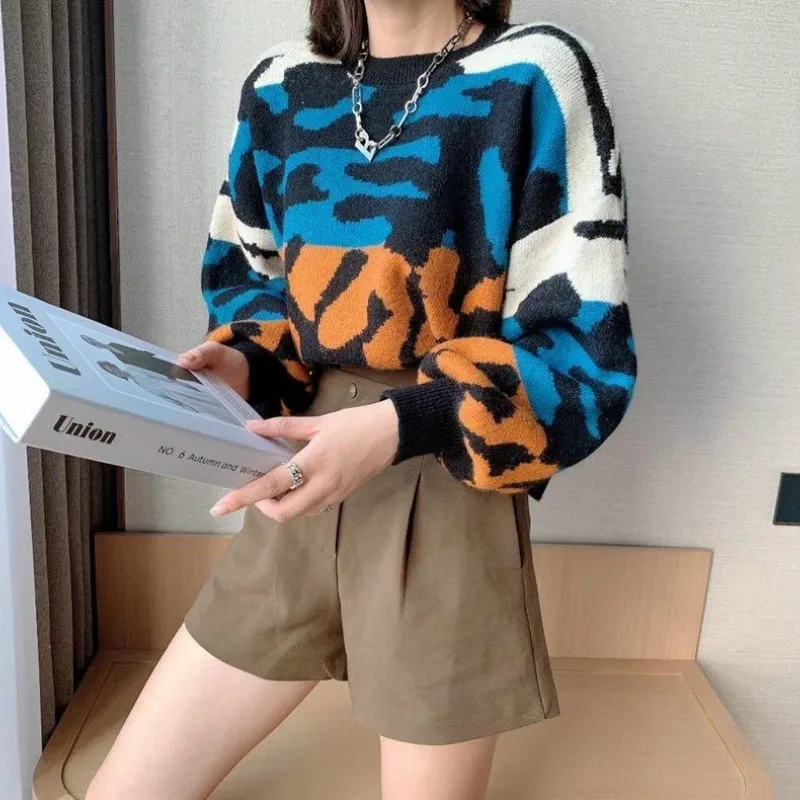 Pullovers Women Sweater Leopard Patchwork Sexy Crop Top Outwear Warm O-Neck Long Sleeve Females Leisure Loose Personal Sweaters