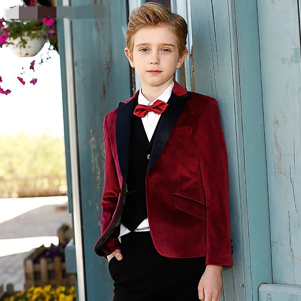 

Boys' Red Velvet Suit Three Piece Set ( Jacket+Pants+Vest) 2023 New Fashion High-end Handsome Formal Occasions Clothing