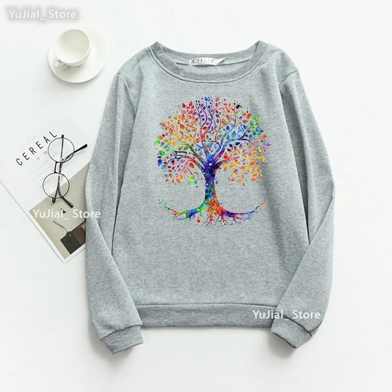 

2023 Watercolor Tree Of Life Printed Sweatshirt Women Clothes Funny Artistic White/Prink/Gray Hoodies Harajuku Jumper Coat