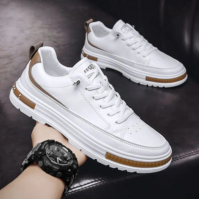 Zapatos informales para exteriores para hombre, zapatillas blancas pequeñas, zapatos simples transpirables antideslizantes para caminar, zapatos de plataforma con cordones de cuero