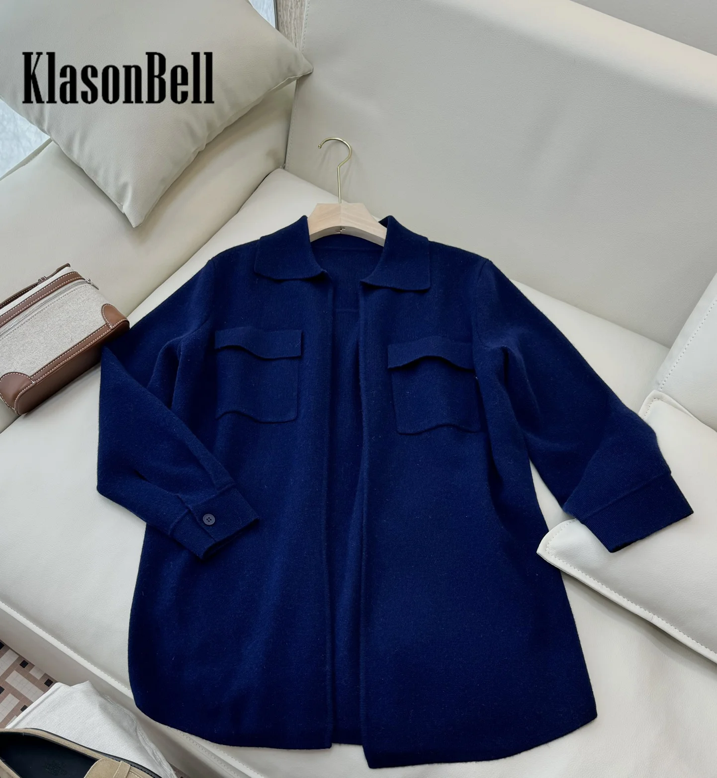 9.4 KlasonBell Women\'s Embroidery Letter 100% Wool Knit Long Sleeve Cardigan Double Pocket Buttonless Lapel Side Split Coat