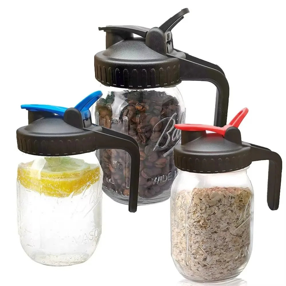 New Reusable Mason Jar Lids 86mm for Wide Mouth Jar Seal Bottle Cover Plastic Leak-proof Spout Lid with Handle Home Kitchen Tool