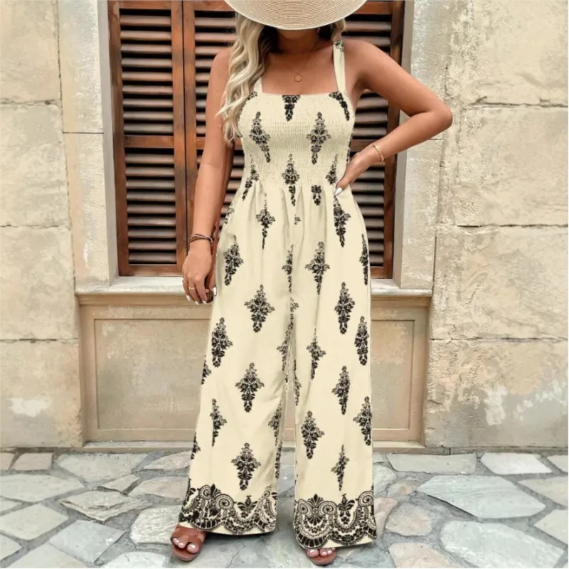 婦人服新しい夏のセクシーな背中の開いた気質エレガントなノースリーブプリントボヘミアンタンクワイドレッグパンツジャンプスーツ女性のための