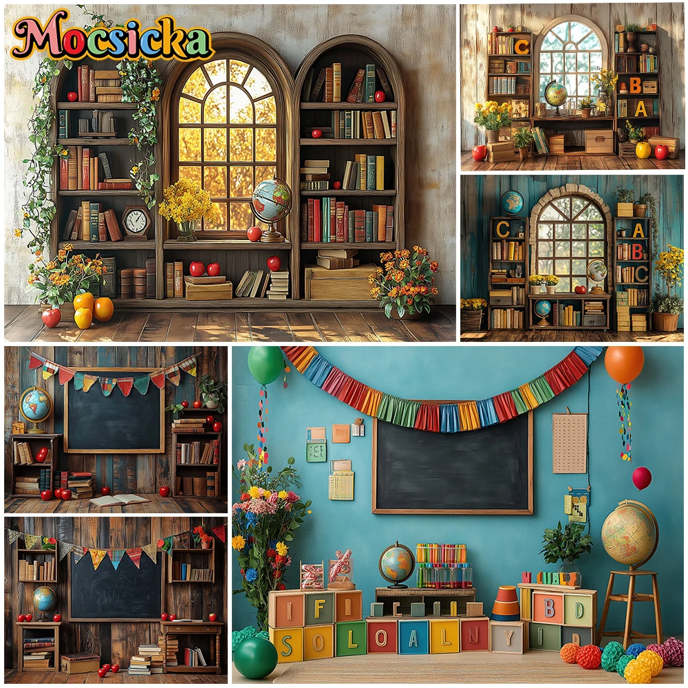 

Mocsicka Graduation Photography Background 2025 School Students Portrait Photo Backdrops Blackboard Bookshelf Party Decor Banner