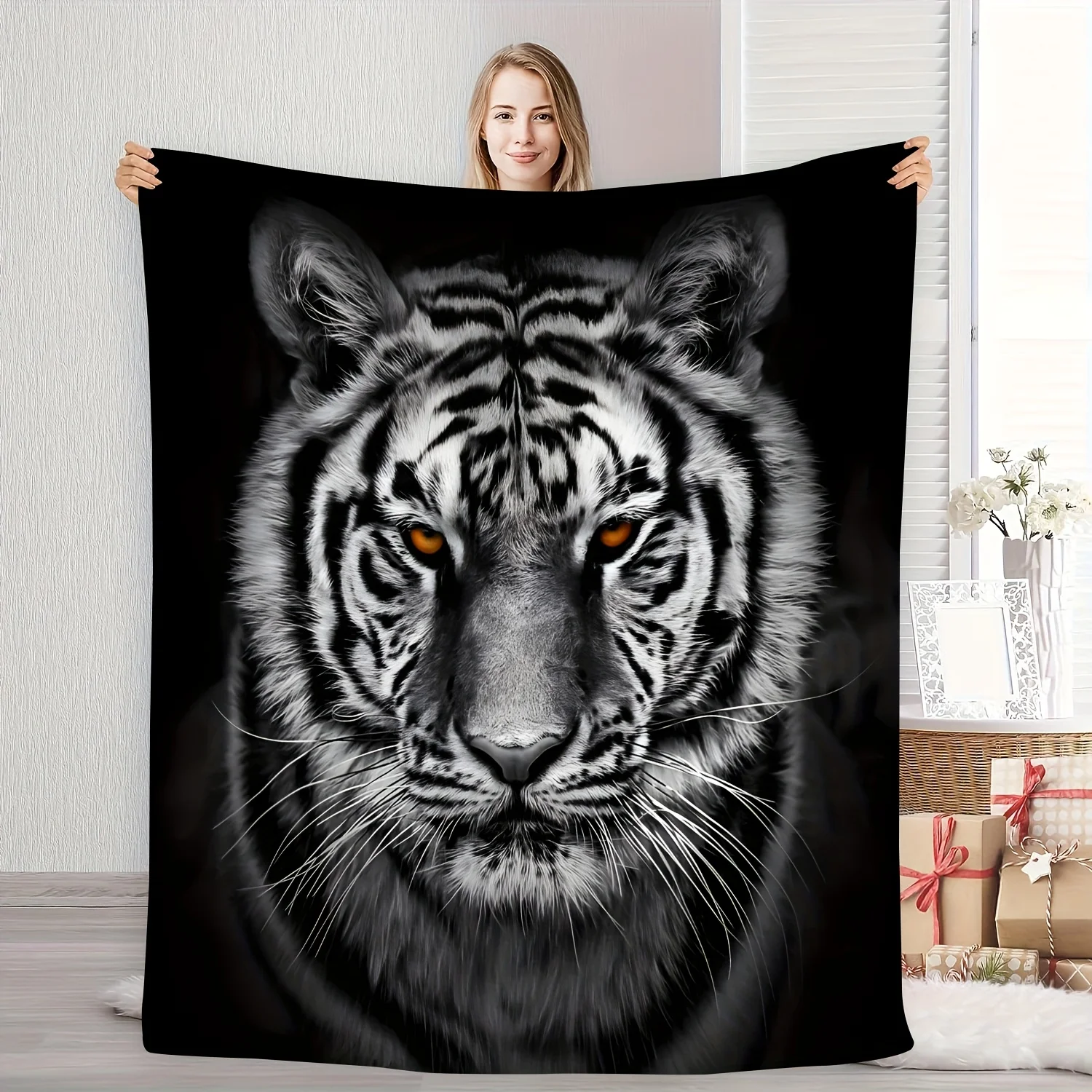 Black flannel blanket with lifelike white tiger pattern, showing wild charm and personality, perfect for family use