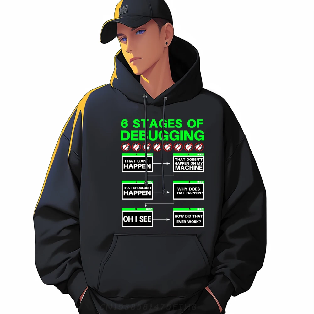 

6 Stages Of Debugging Design Hoodies Long Sleeve Retro Mens Soft Polyester Fiber Hoodies Crew Neck Graphic Printed Sweatshirt