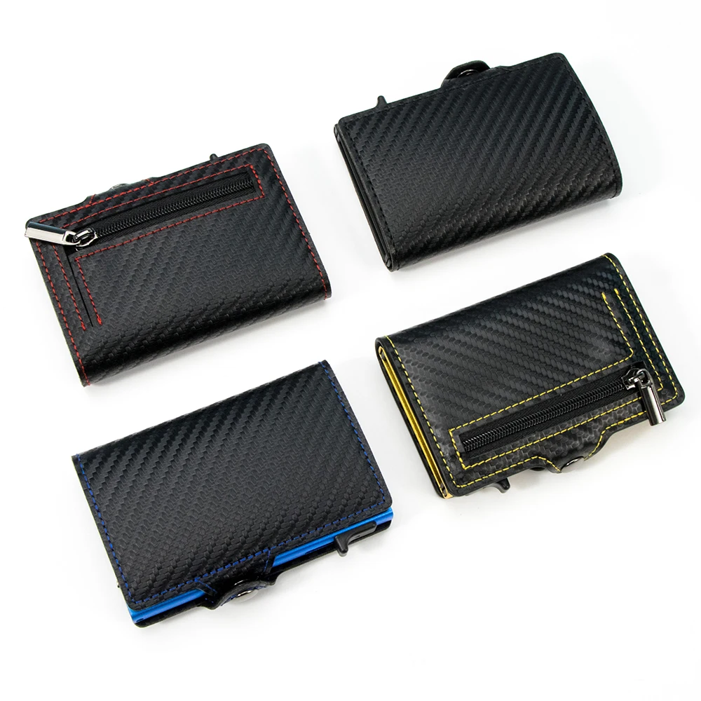CASEKEY New Men Wallet Anti Rfid Carbon Fiber Leather Pop Up Card Holder Mini Smart Wallet with Coin Purse Billetera Hombre