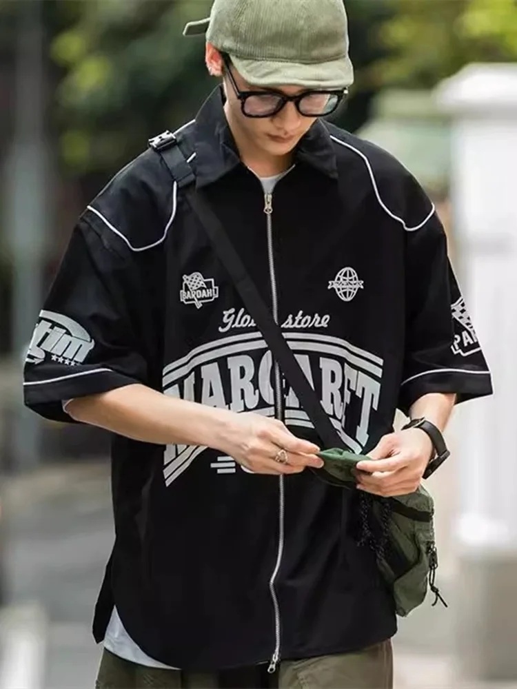 Chic American Vintage High Street Zipper Shirt Summer Men's Loose Casual Work Clothes Shirt Tops Handsome Letters Print Blouse