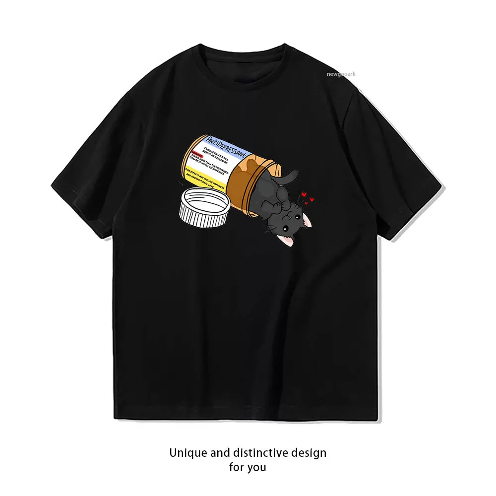 Cut Black Cat Antidepressant Love Medicine T-Shirt für Damen und Herren, lässige Baumwoll-Grafik-T-Shirts, Streetwear-T-Shirts für Erwachsene, Tops, T-Shirt