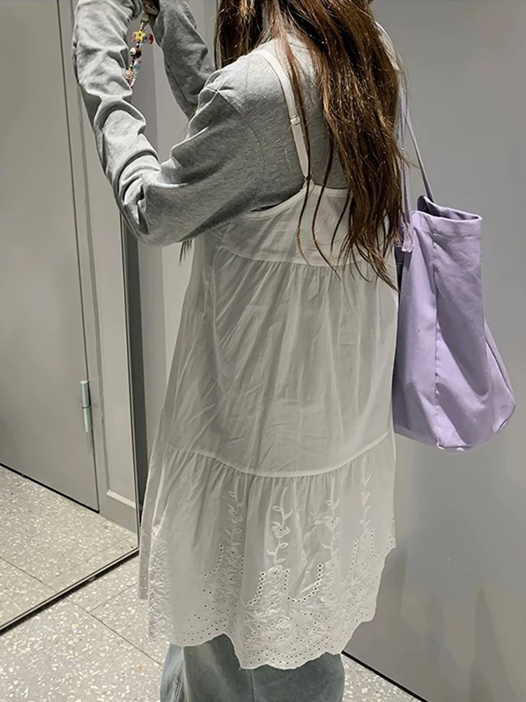 Vestido cropped de renda branca com saia em camadas, estilo coreano, com nó borboleta vazado, modelagem A, cintura alta, para...