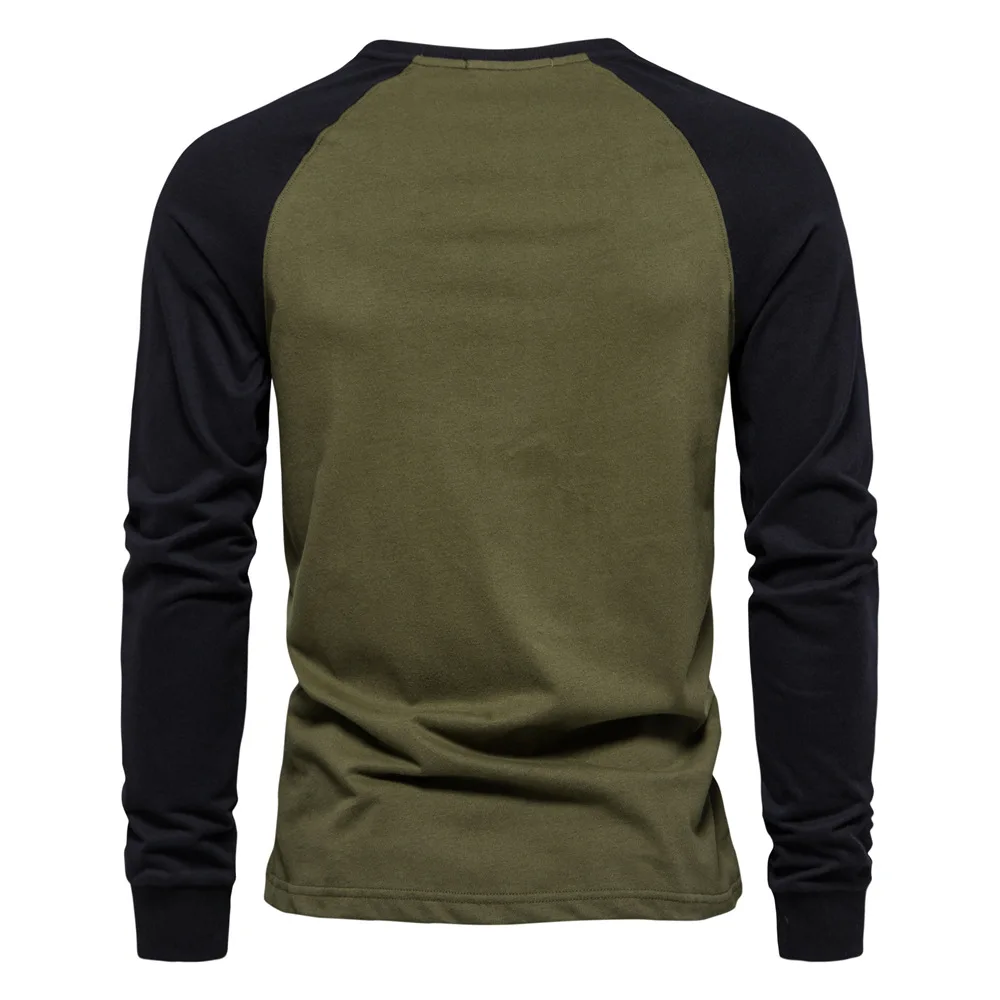 Men's Long Sleeve Shoulder Insert T-Shirt Casual Cotton Patchwork Base Shirt Full Cotton Comfortable Leisure Top