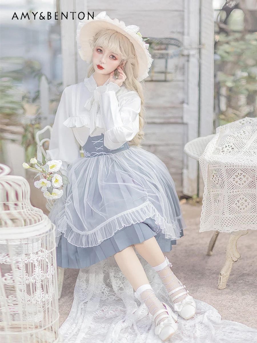 

Sweet Cute Lolita Outfits Women Japanese Kawaii Bow Lace-up Lantern Sleeve Blouse Mesh Stitching Slim Mini Skirt Two-Piece Sets