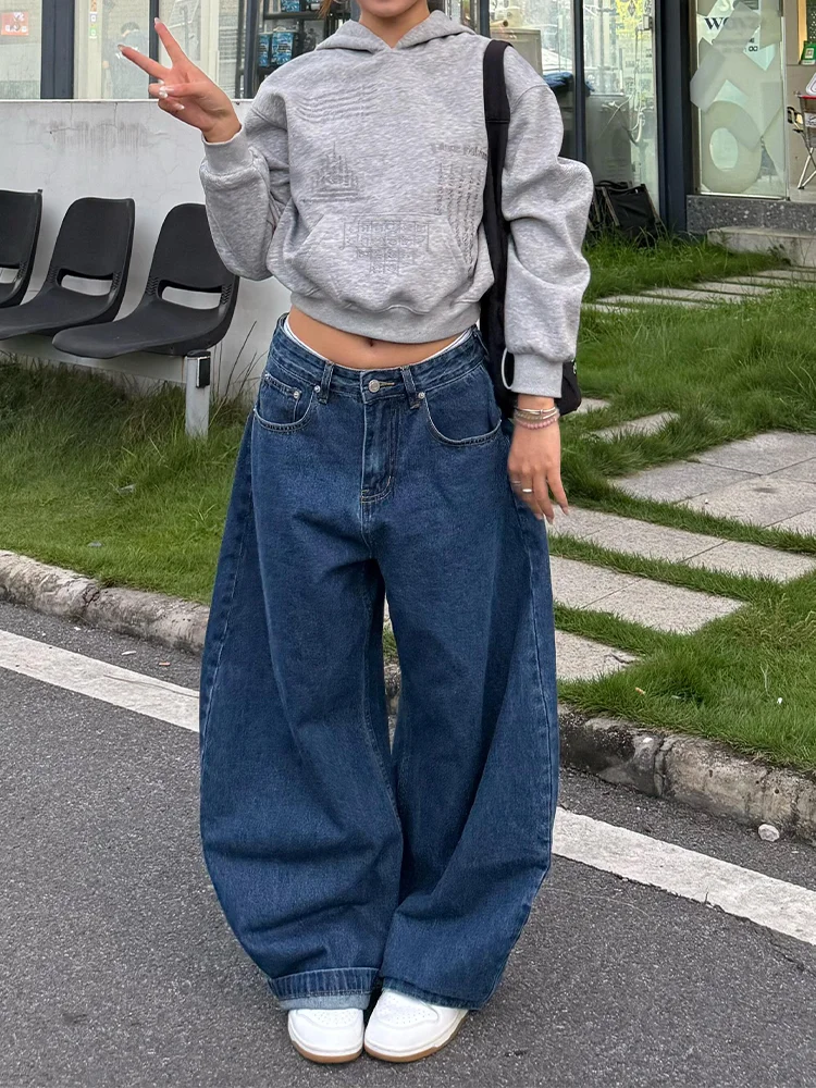 High Waist Wide Leg Denim Jeans Women's Loose Fitting Bootcut Pants Vintage Dark Blue plus Size for Pear Shaped Body Slimming