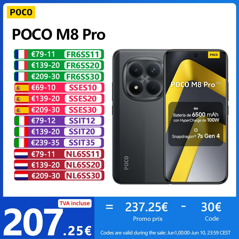 POCO M8 Pro 5G,NFC,Écran AMOLED CrystalRes 1.5K de 6.83",Snapdragon® 7s Gen 4,50 MP Caméra, 6500 mAh Batterie,IP68