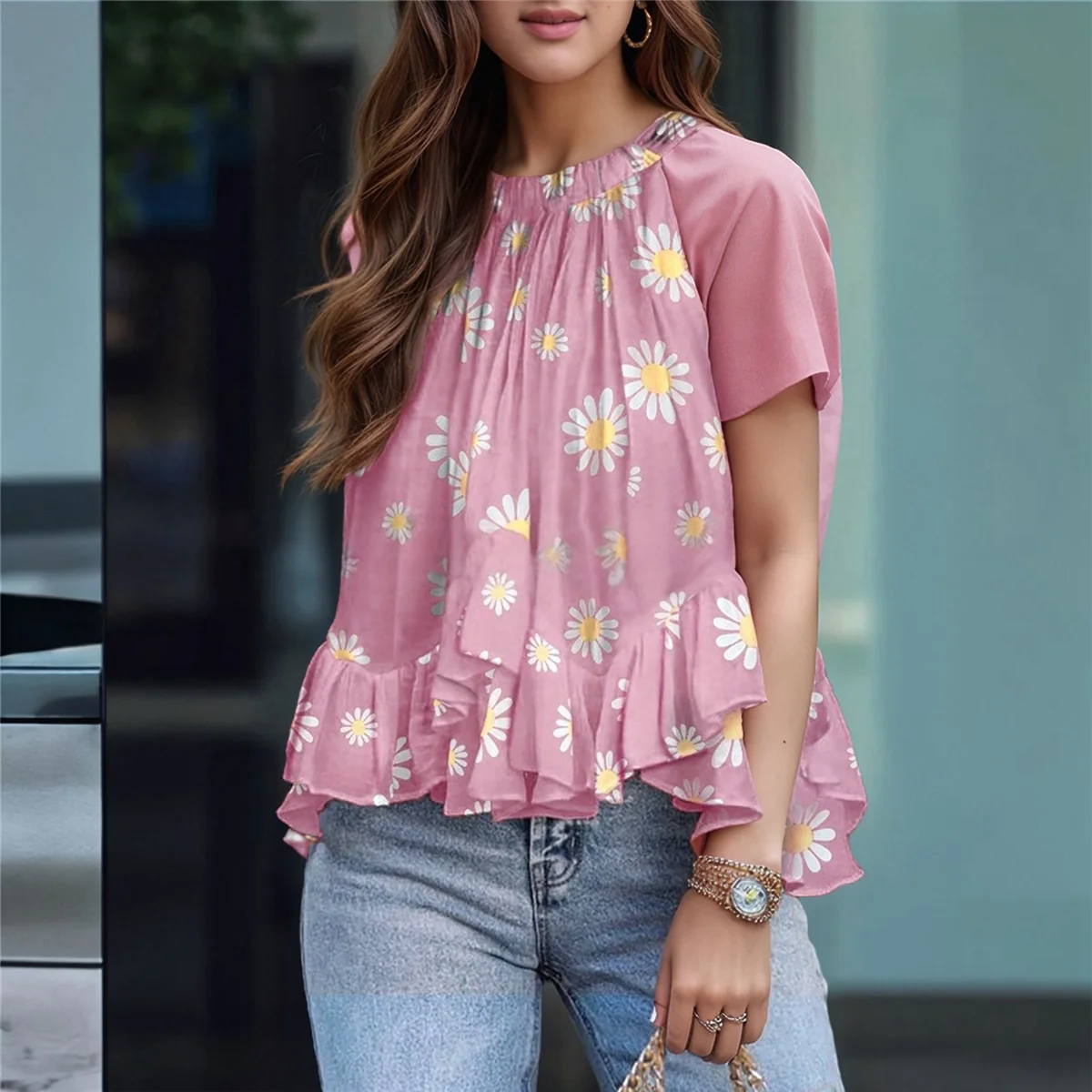 

AG-Women's Summer Halter Neck Smocked Sleeveless Irregular Ruffled Blouse Tank Shirt