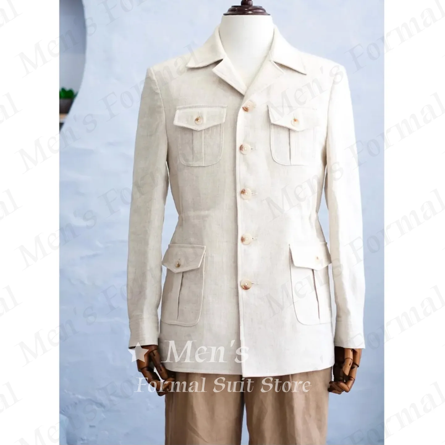 2 Pieces Natural Beige Linen Safari Jacket Men Suit Belted Waist Four Multi Pocket Blazer Khaki Pants Office Casual Customized
