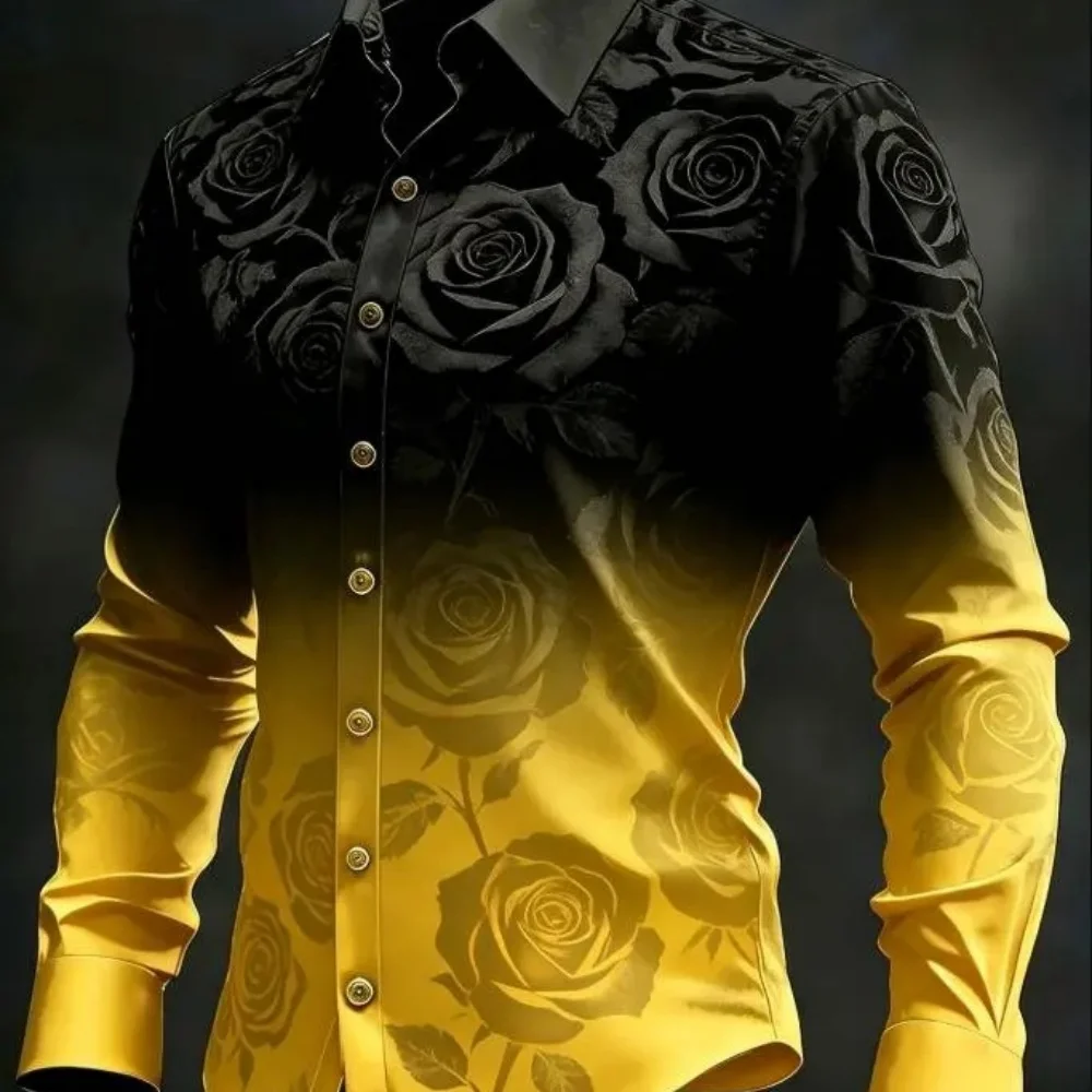 Men Black Yellow Gradient Satin Long Sleeve Shirt Black Rose Floral All Over Print Lapel Slim Fit Club Party Male Dress Shirts