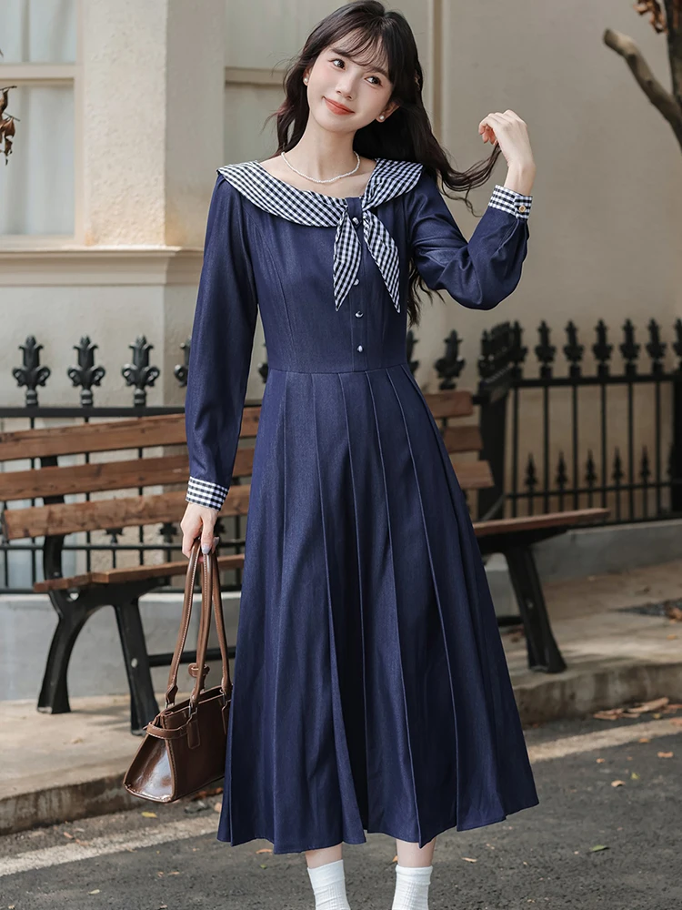 Outono azul chique xadrez arco boneca colarinho plissado vestido longo feminino coreano elegante bodycon vestido 2025 vintage vestidos de festa de luxo