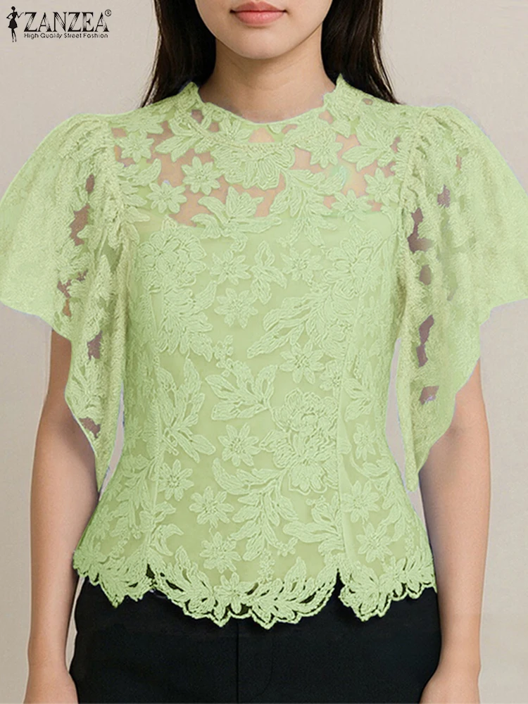 ZANZEA ผู้หญิงเสื้อแฟชั่น 2025 ฤดูร้อนแขนสั้น Ruffles เสื้อลูกไม้ Elegant OL Office Lady เสื้อ STAND COLLAR Blusas