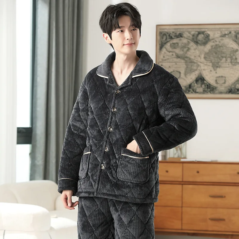 Men's Pajamas Winter Fleece Thickened Coral Fleece Three-layer Padded Jacket Flannel Winter Loungewear Mens Pajamas Pyjama Homme