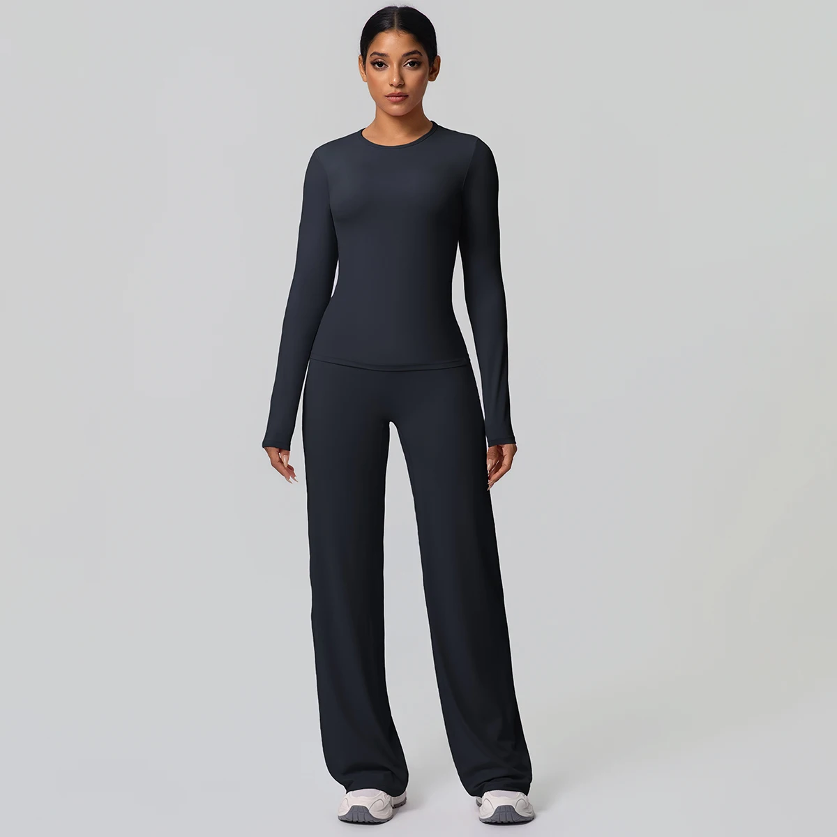 2 stück Frauen Gym Yoga Set Lauf Shirts Schlank Lange Ärmel Workout Top Schnell Trocknend Hohe Stretch Breite Bein Hosen dünne Yoga Set – Detail 12
