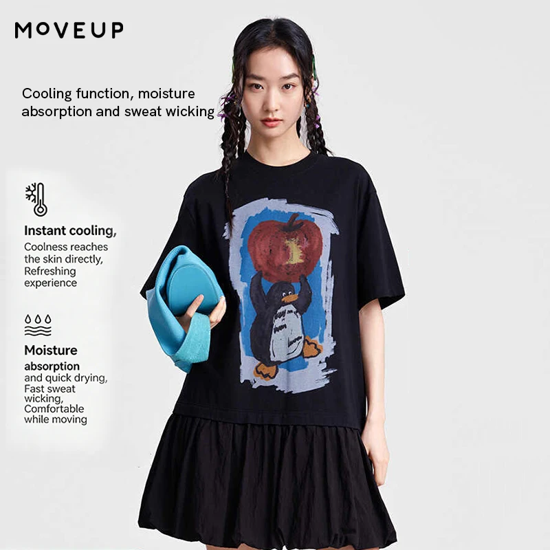 

MOVEUP Short-Sleeve Knit Dress 2026 Spring New Round Neck Cartoon Print Tulip Hem Commuter A-Line Dress For Women 3ELC11314