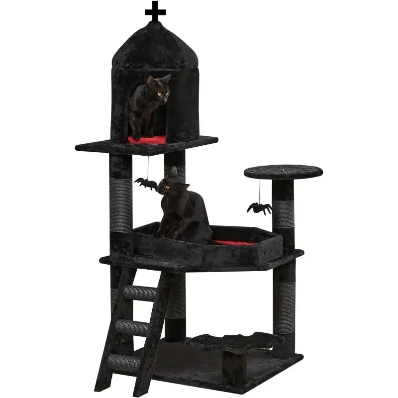 

Gothic Cat Tree with Coffin Bed Cat Tower with Spacious Cat Condo Scratching Posts Spider Hanging Ball Multi Level