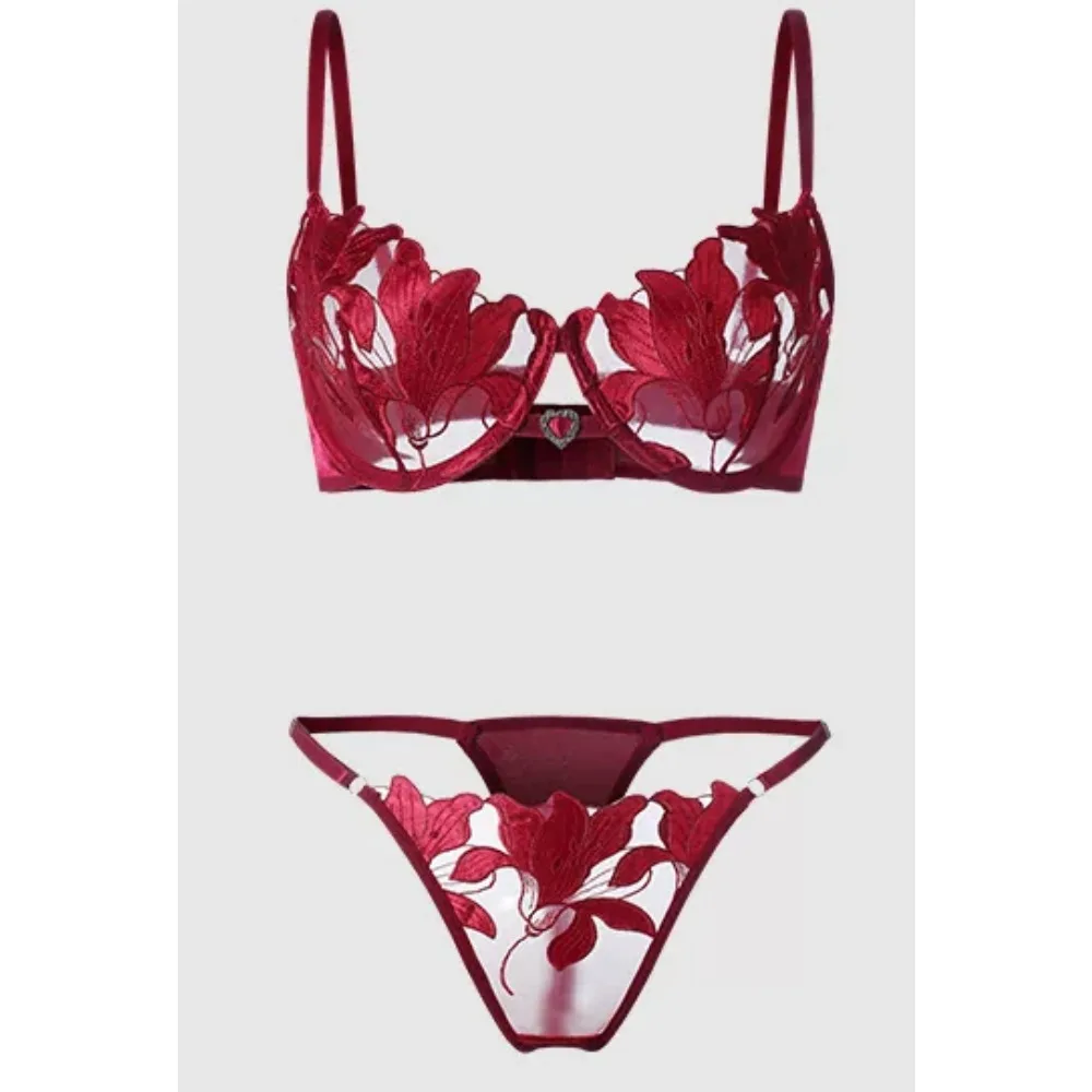 Europäisch-Amerikanischer Stil Damen Sexy Spitze Dessous Set Mehrfarbig Transparent Netz Blumenstickerei BH und Slip Set 32-38AB