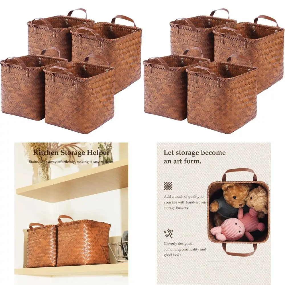 

Set of 4 Brown Wicker Laundry Baskets with Handles for Storage and Organization