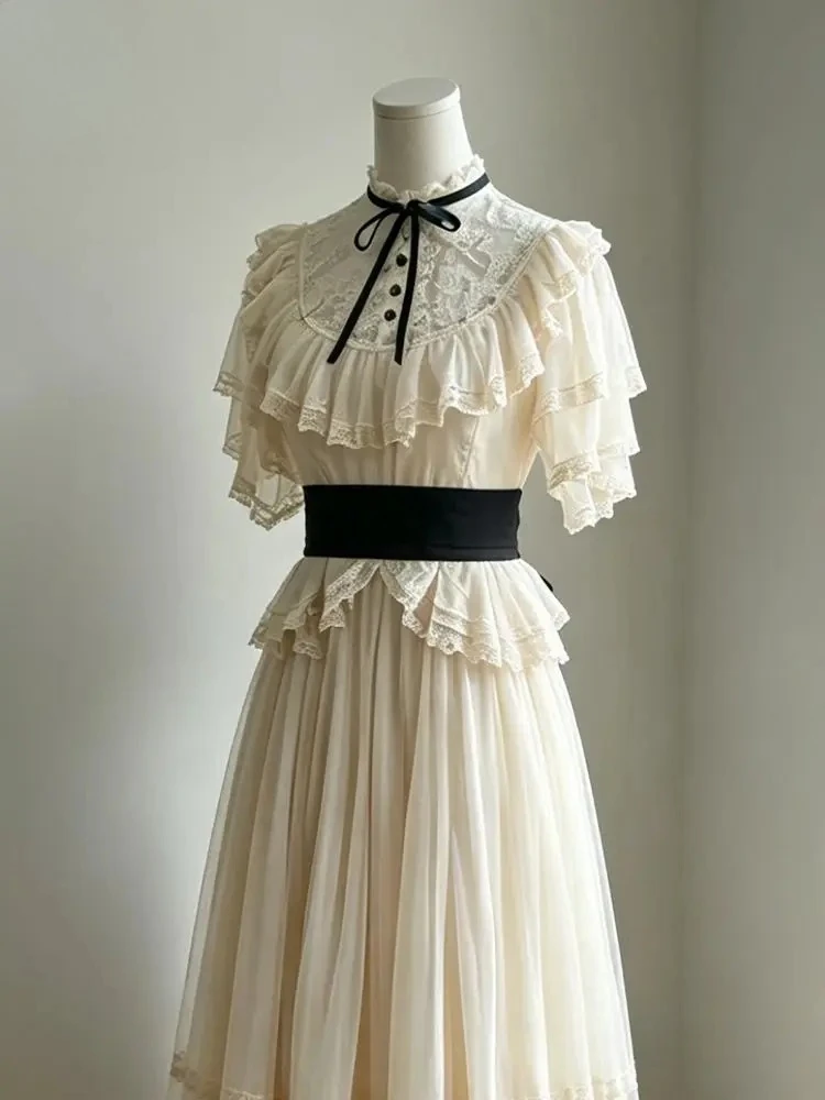 Süßes Lolita Maxikleid für Damen mit Spitze, Rüschen, Schleife, Puffärmeln, Korsett, Hoher Taille und Mehrlagigem Rock - Kawaii Japanische Mode für Teepartys