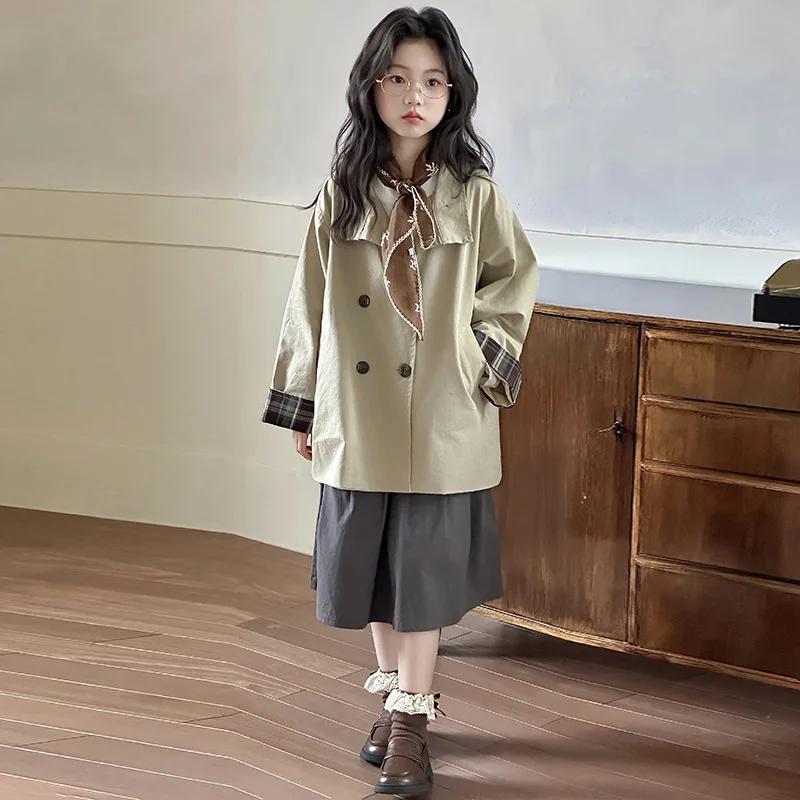 

2025 Autumn Korean Junior Girls Jacket Retro Plaid Patchwork Long Sleeve Teenager Girls Single-breasted Children Girls Outerwear