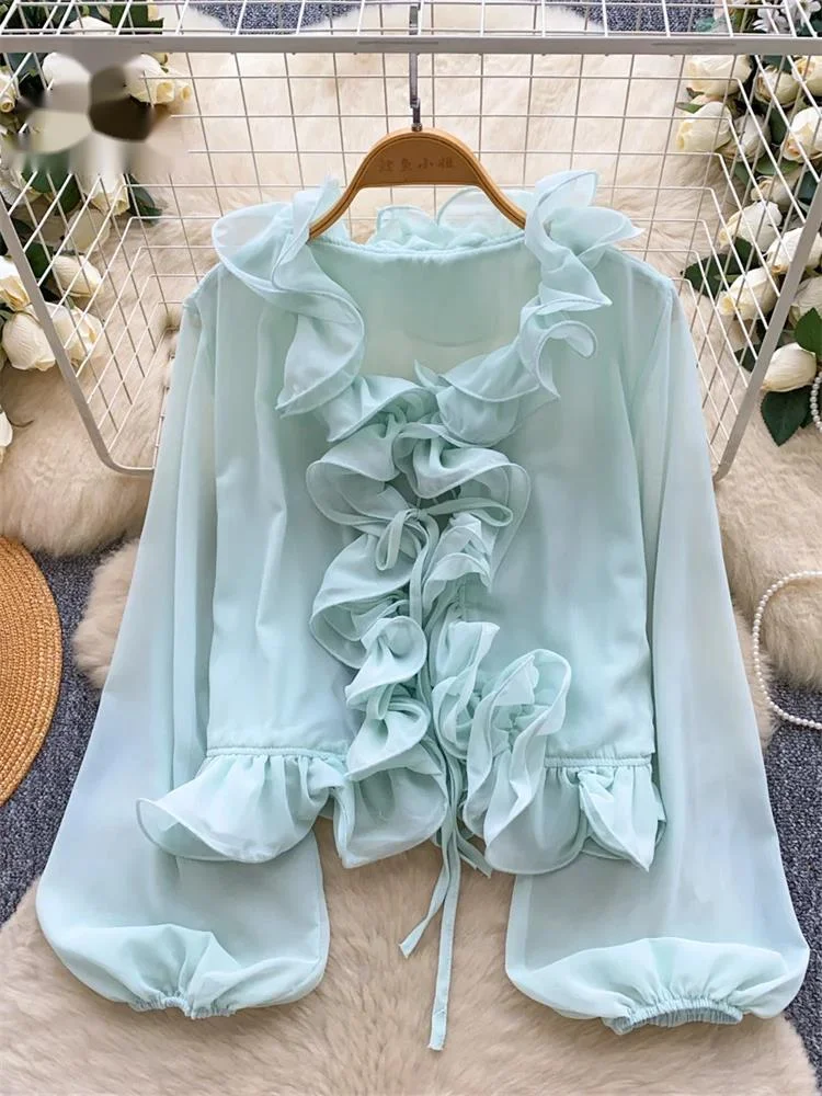 

French Style Chiffon Blouse V Neck Long Lantern Sleeve Ruffles Design Shirt Fashion Classy Women Weekend Holiday Top