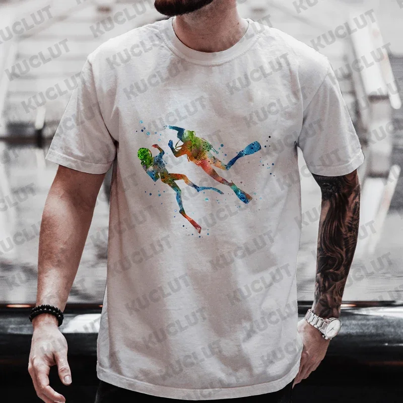 Summer Streetwear Scuba Diver Watercolor Diving Print Men\'s Brand T-shirts Scuba Diver Design Tops Breathable Men Women Tshirts