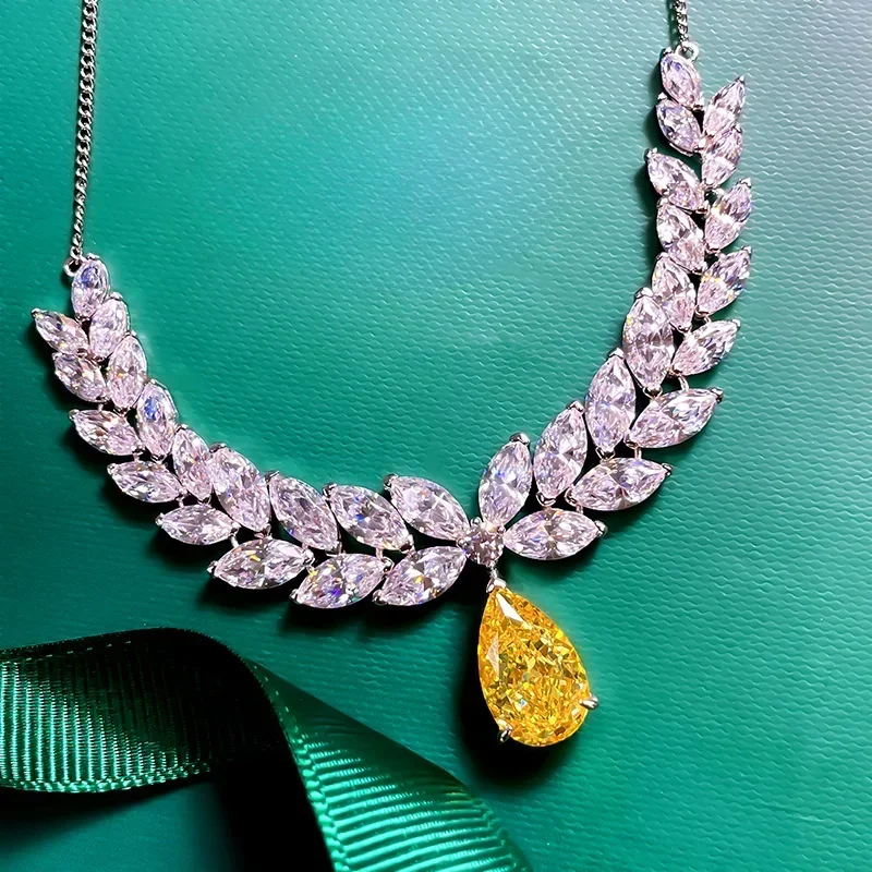 Heavy Industry Luxury 12 Carat Yellow Diamond Drop Necklace Pendant 925 Silver Collar Chain High end Dinner Style Wedding