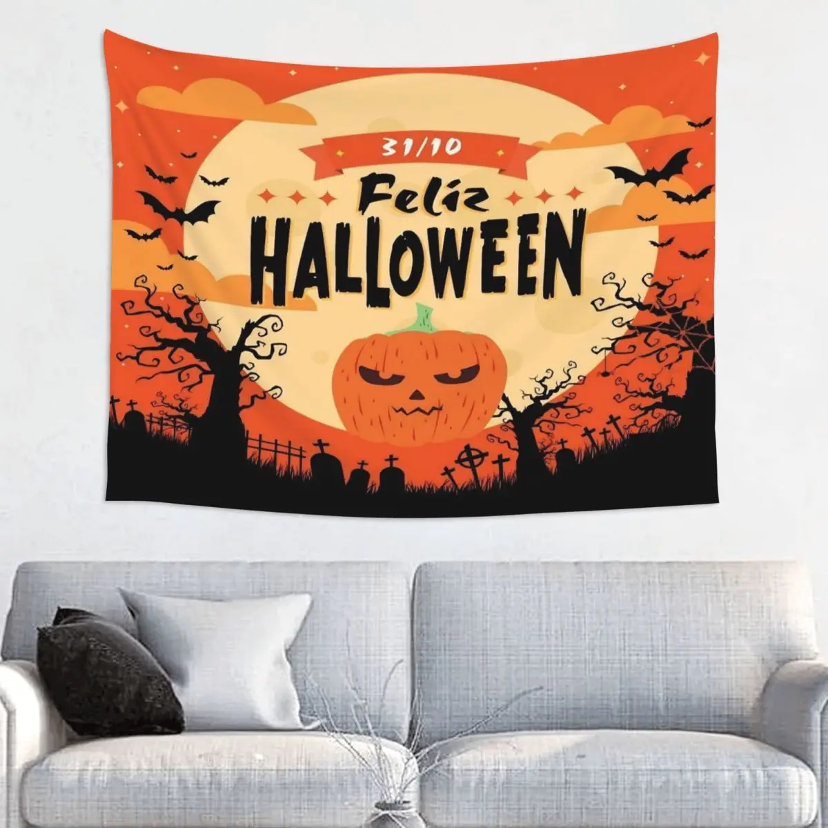 Horror Pumpkin Happy Halloween Tapestry Hippie Polyester Wall Hanging Death Cross Room Decoration Table Cover Art Tapestries