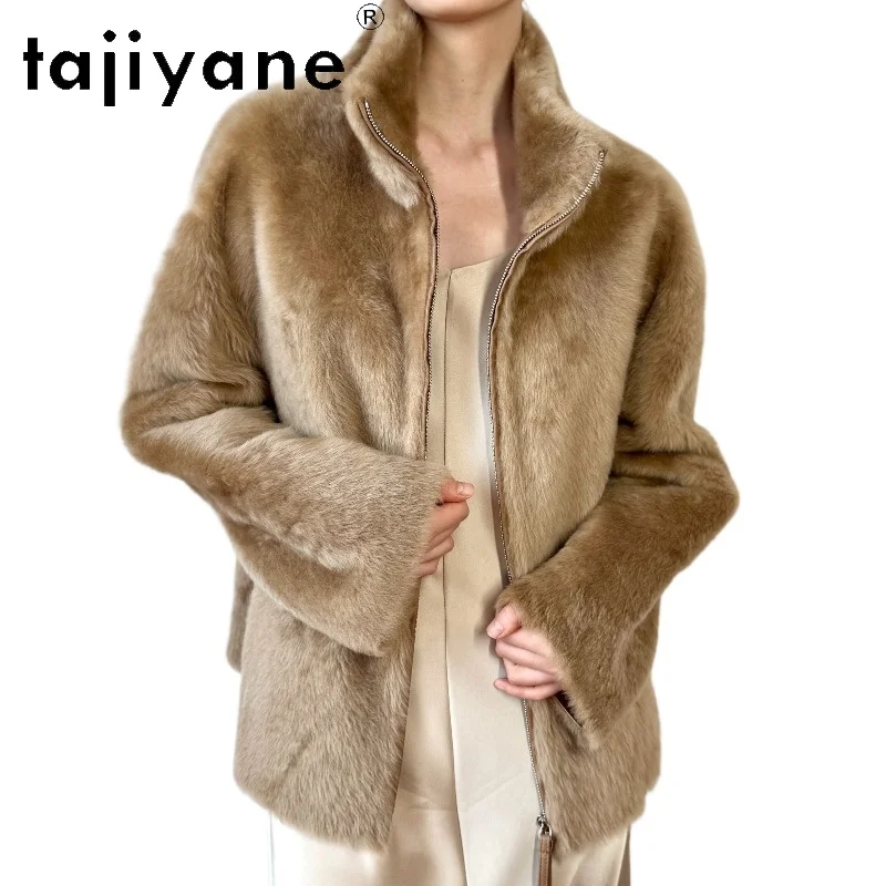 TAJIYANE Natural Baby Lacon Lamb Fur Shearling Jacket Mid Length Outerwear Winter Real Fur Coat Women Fourrure Overcoat Дубленка