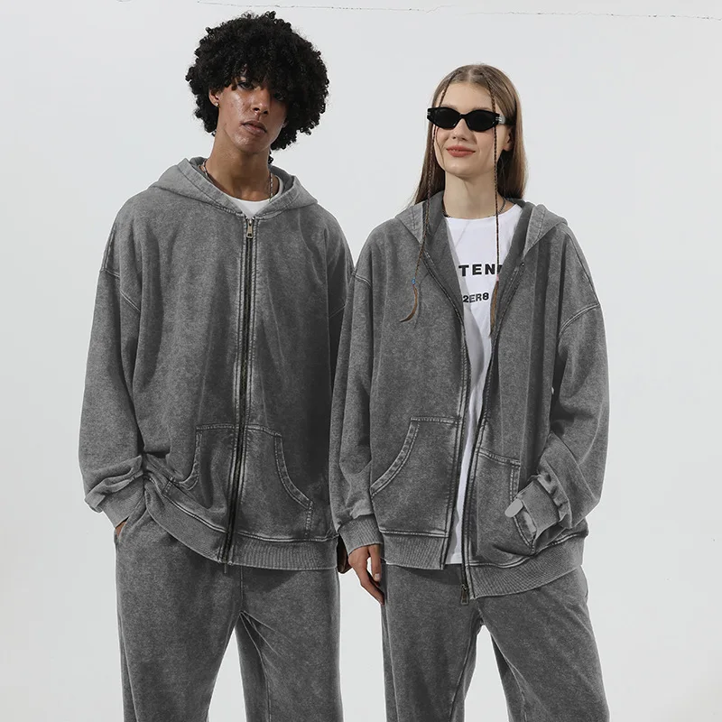 

New Style 350g Cotton Weathered Zipper Hooded Sweatshirt for Large Size with Slouchy Retro Washed Large Loopy Cardigan Oversized